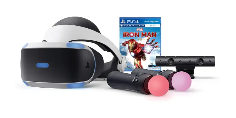 A Bundle For The Original Playstation Vr Ps Vr. It Includes The Black And White Headset A Playstation Camera Long Black Bar With Two Lenses Two Playstation Move Controllers With Glowing Pink And Red S