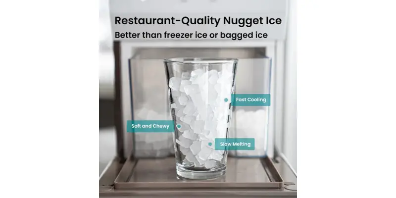 A Clear Glass Filled With Small Chewable Nugget Ice Displayed Within The Ice Dispensing Area Of The Gevi Ice Maker Text Melting An