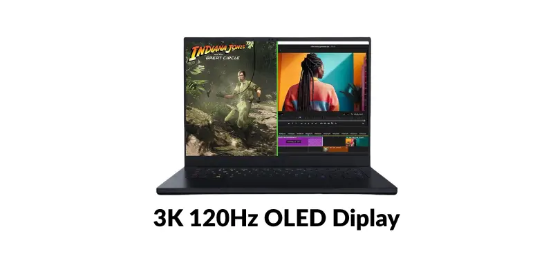 A Frontal View Of A Razer Blade Laptop Displaying The Cover Art For Indiana Jones And The Great Circle On The Left And A Video Editing Timeline On The Right. Text Below Reads