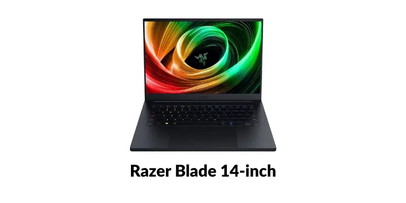 A Frontal View Of The Open Razer Blade 14 Inch Laptop Against A White Background Displaying A Colorful Swirling Wallpaper