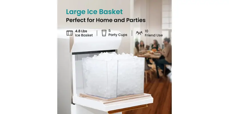 A Large Clear Plastic Ice Basket Overflowing With Nugget Ice Being Pulled Out Of The Gevi Ice Maker. Text Indicates The Capacity Large Ice Basket 4.8 Lbs Ice Basket And Perfect For Home And Parties. Peo
