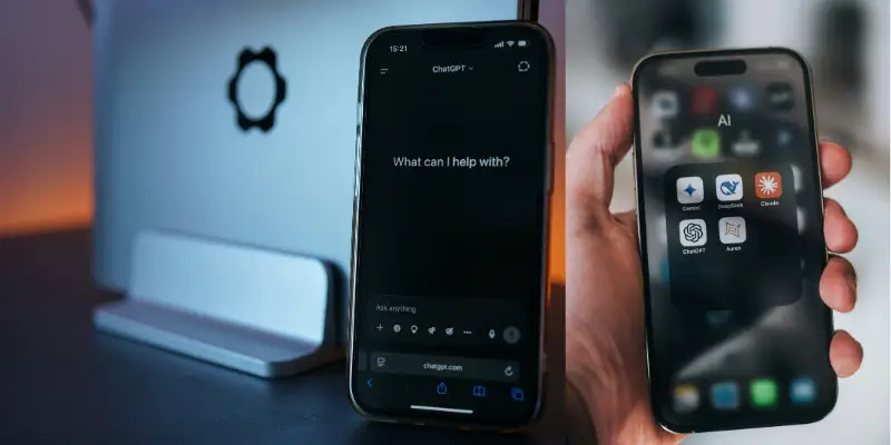 A phone on the left displays the ChatGPT mobile interface in a dark mode, sitting in front of a laptop. The phone on the right is held in a hand and shows an AI folder containing several application icons
