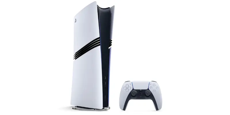A PlayStation 5 Ps5 Console Standing Vertically Next To A White Dual sense Controller. The Console Has A Tall Black Center Section Flanked By White Curved Face plates