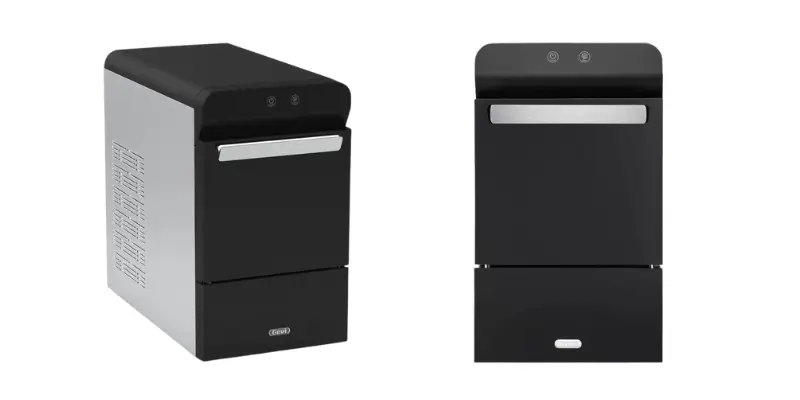A Product Photography Image Showing Two Views Of The Black And Silver Gevi Nugget Ice Maker A Three Quarter Angled View On The Left And A Straight Frontal View On The Right Highlighting Its Sleek Design