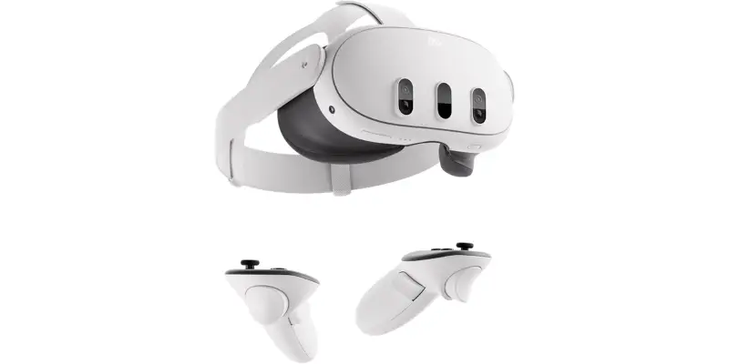 A white virtual reality (VR) headset with three black front-facing cameras and two white handheld controllers. The controllers have thumbsticks and triggers. This appears to be a Meta Quest or similar standalone VR headset.