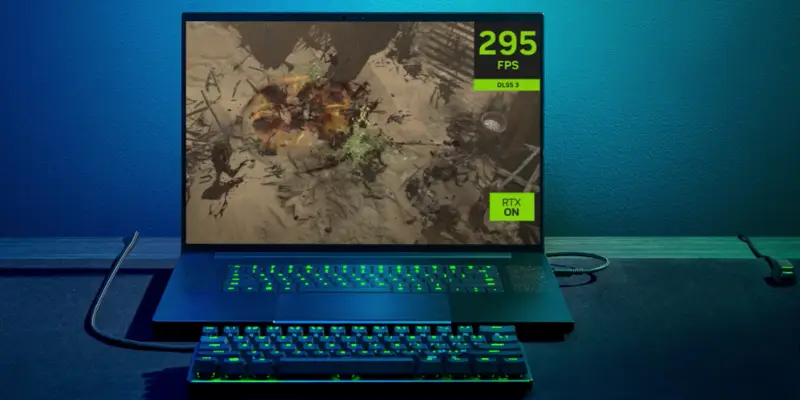 A dark laptop with a glowing green keyboard sits on a desk, connected to a compact external mechanical keyboard, also glowing green. The laptop screen displays intense gaming action, showing a high frame rate of 295 FPS, with indicators for DLSS 3 and RTX ON