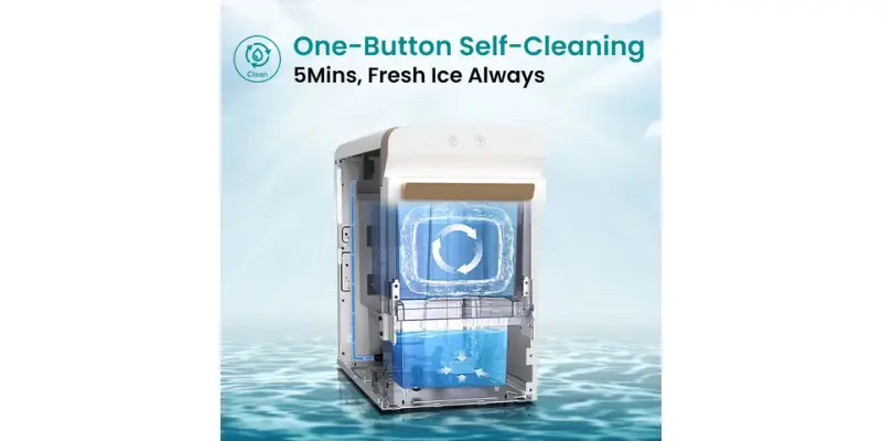 An Internal Transparent Diagram View Of The Gevi Nugget Ice Maker Showing A Blue Water Chamber And A Circular Animation Indicating The One Button Self Cleaning Function With The Promise 5mins Fresh Ice
