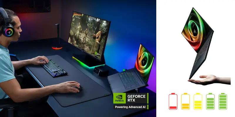A split image showing the Razer Blade laptop's capabilities and portability. The left side features a gamer wearing a headset and using an external monitor and keyboard, with the laptop open next to the monitor, promoting NVIDIA GeForce RTX. The right side shows a hand holding the thin laptop in the air, with an array of four battery icons below, ranging from red (empty) to green (full), suggesting long battery life