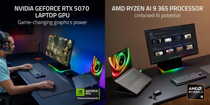 Split Image Promoting The Laptops Key Components. On The Left A Person Is Gaming At A Desk With An External Monitor Promoting The Nvidia Geforce Rtx 5070 Laptop Gpu. On The
