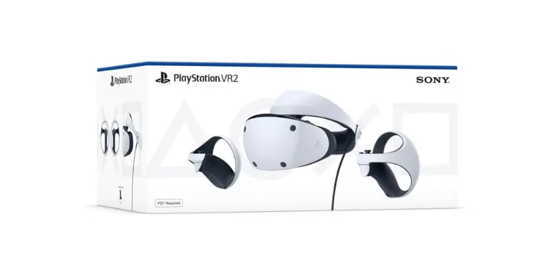 The Retail Box For The Playstation Vr2 Ps Vr2 Headset. The Box Is White And Features The Headset Two Playstation Vr2 Sense Controllers And Text That Says Playstation Vr2 And Ps5 Required