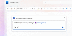 A screenshot of a Microsoft Word document (labeled "Document1 - Saved") with a pop-up window titled "Create content with Copilot." The text box contains the prompt: "draft a proposal from yesterday's meeting notes."