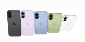 A green iPhone 17 is angled in profile, showcasing its sleek design and the vibrant green screen with abstract patterns