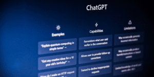 A display screen showing the ChatGPT interface with three columns outlining its features: Examples ("Explain quantum computing in simple terms..."),