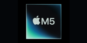 A detailed, stylized blue graphic of the Apple M5 chip architecture, showcasing the advanced circuitry of this next-generation Apple Silicon processor