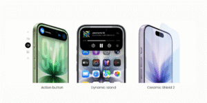 Three iPhone 17 models are displayed. From left to right: a lavender model seen from the side, a light blue model from the back, and a lavender model angled to show the screen