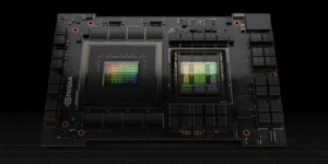 A close-up shot of a dark, square NVIDIA server GPU card featuring two large, exposed processing chips (dies) on a black circuit board, highlighting its use in high-performance computing and AI.