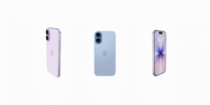 A close-up of the back of a lavender iPhone 17, with 'iPhone 17' branding visible in the blurred background