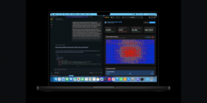 An Apple MacBook screen showing a split view with web development code and an interactive business dashboard, illustrating the superb M5 chip efficiency for seamless multitasking.