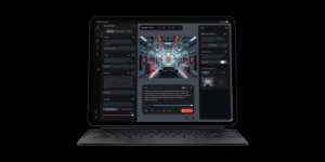A realistic, high-fidelity video game scene on an Apple MacBook screen, with ray tracing effects, showcasing the M5 chip's powerful gaming performance and M5 graphics capabilities.