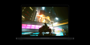 An Apple iPad or MacBook displaying a complex app screen for image editing and real-time AI image generation, highlighting the high M5 performance for creative professionals.