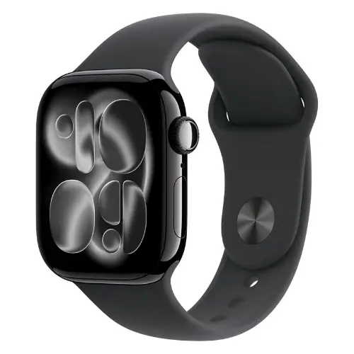 A Black Apple Watch With A Black Sports Band. The Screen Displays A Stylized Monochromatic Watch Face With Rounded Glossy Bubble Shapes Indicating The Time With Bitbyteiq.com