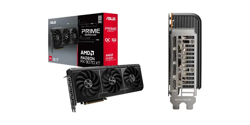 A Black Asus Prime Graphics Card With Three Fans Amd Radeon Rx 7070 Xt Shown Next To Its Product Box And An Image Of Its Display Output Ports Displayport And Hdmi