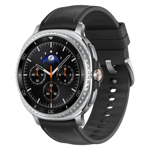 A Circular Smartwatch With A Silver Stainless Steel Bezel And A Black Leather And Silicone Hybrid Strap. With Bitbyteiq.co
