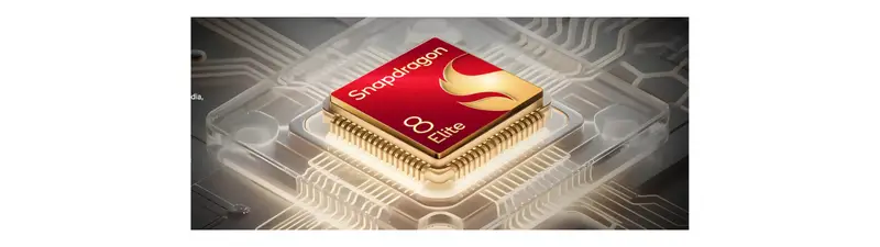 A Close Up High Tech Shot Of A Snapdragon 8 Elite Processor Chip A High End Mobile Cpu Embedded On A Circuit Board Highlighting Its Red And Gold Branding
