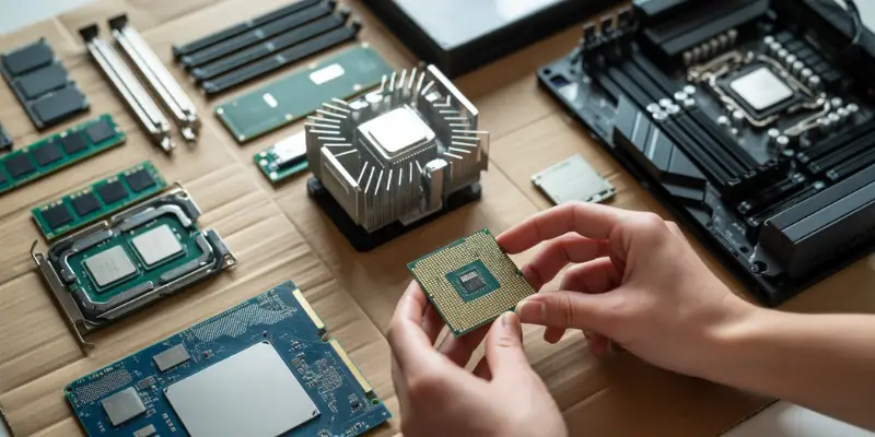 A Close Up Shot Of Hands Holding A Cpu Chip Above A Work Surface Made Of Cardboard Surrounded By Various Pc Components Including Ram Sticks A Heatsink An Old Graphics Card And A Motherboard