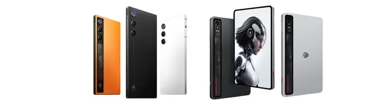 A Collection Of Redmagic Gaming Smartphones In Orange Black And Whitesilver One Phone Is Shown Displaying A S