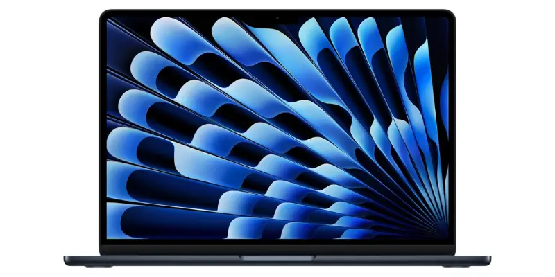 A Dark Blue Or Midnight Apple Macbook Air Laptop With A Vibrant Blue And Black Abstract Wallpaper On The Screen