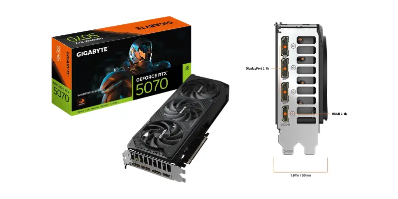 A Gigabyte Geforce Rtx 5070 Graphics Card With Three Fans Displayed Next To Its Product Box And A Detailed Diagram Showing The Display Output Ports Displayport 2.1b And Hdmi 2.1b