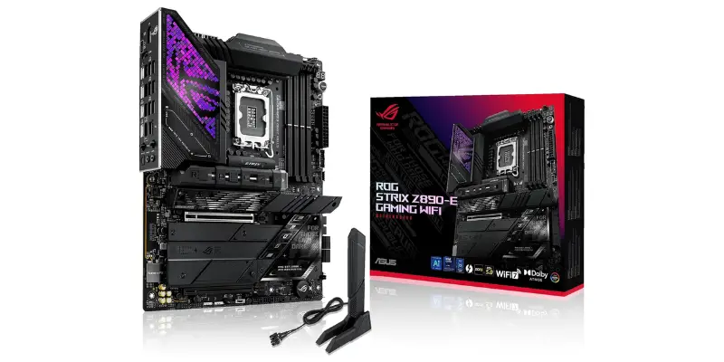 A High End Asus Rog Strix Z890 E Gaming Wifi Motherboard Displayed Next To Its Retail Box With A Wi Fi Antenna Stand In The Foreground
