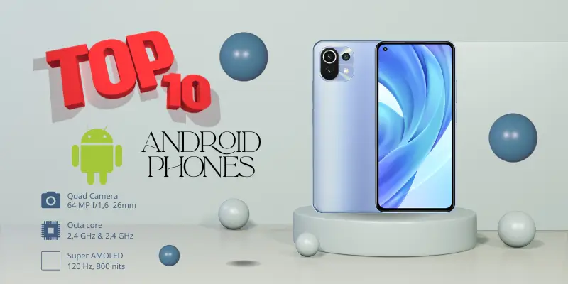 A Promotional Graphic Titled Top 10 Android Phones Featuring A Silver Blue Smartphone. Key Specifications Are Listed Quad Camera 64text Mp F1.6text 26mm Octa Core 2.4text Ghz 2.4text Ghz And