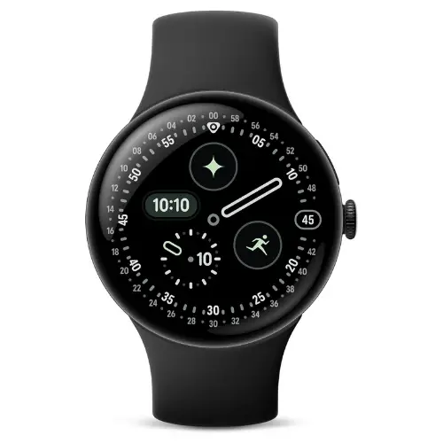 A Sleek Circular All Black Smartwatch Likely A Google Pixel Watch. The Watch Face Is Black With A Modern Digital And Analog Hybrid Display Showing The Time Steps And Activity Tracking Complications Wi