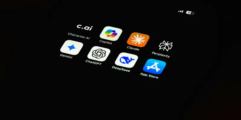 A Smartphone Screen Displaying A Grid Of App Icons For Various Ai Platforms Including Character.ai Copilot Claude Gemini Chatgpt Deepseek Perplexity And The App Store. This Collection Showcases The
