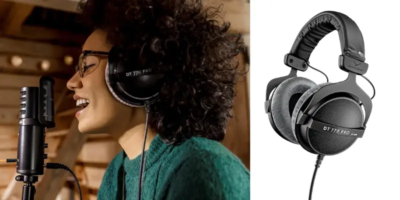 A Woman Recording Vocals With Beyerdynamic Dt 770 Pro Closed Back Headphones. Studio Equipment Advice From Bitbyteiq.com
