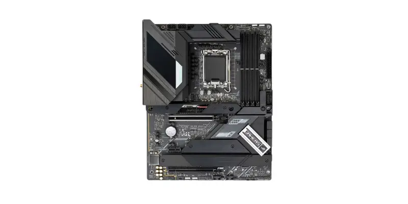 An Overhead View Of A Modern High End Black Motherboard With Metal Heat Sinks And A Cpu Socket