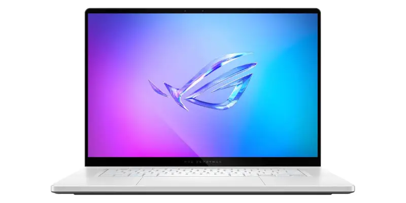Asus Rog Zephyrus Laptop With Thin Bezels And A Glowing Stylized Rog Logo On The Screen. The Keyboard Is Also White