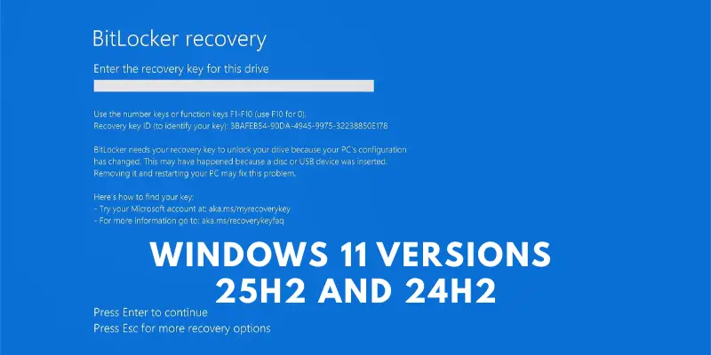 Bitlocker Recovery Screen On Windows With A Prompt To Enter The Recovery Key. The Image Has Been Used By Bitbyteiq And Mentions Windows 11 Versions 25h2 And 24h2