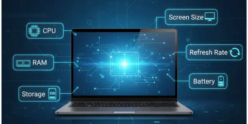 Diagram Illustrating A Laptops Key Components Cpu Ram Storage Screen Size Refresh Rate Battery Connected By Glowing Circuit Lines