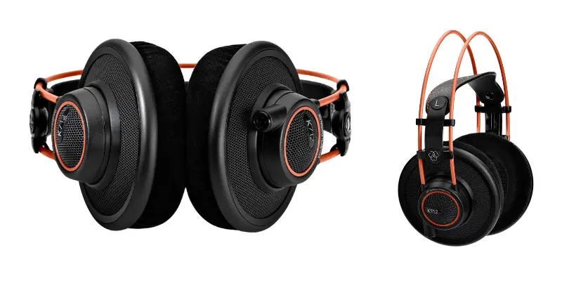 Front And Side Views Of Akg K712 Pro Open Back Headphones With Orange Accents. Professional Monitoring Gear At Bitbyteiq.com
