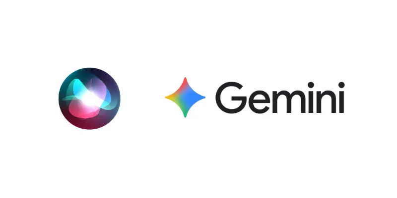 The Siri Spherical Waveform Icon With Swirling Pink Purple And Blue Light Next To The Gemini Logo Which Features A Colorful Four Pointed Star And The Word Gemini In Black Text