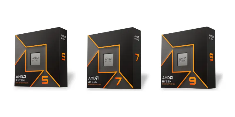 Three Black And Orange Boxes For Amd Ryzen 7000 Series Processors Labeled 5 9 And 7 Highlighting The Cpu Options