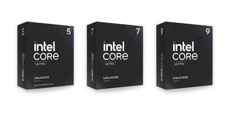 Three Black Boxes For Intel Core Ultra Processors Labeled 5 7 And 9 Highlighting The Cpu Options