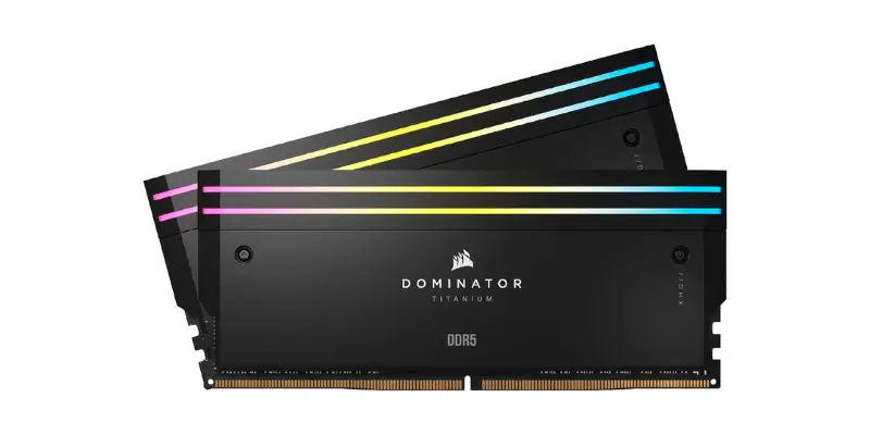 Two Sticks Of Corsair Dominator Titanium Ddr5 Ram With Colorful Rgb Lighting On The Top Edges